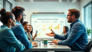 Marketing Consultant strategizing with team in a modern office setting