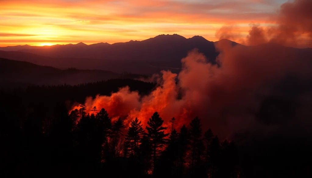Wildfire events captured with vibrant flames against a sunset sky, emphasizing nature's power.