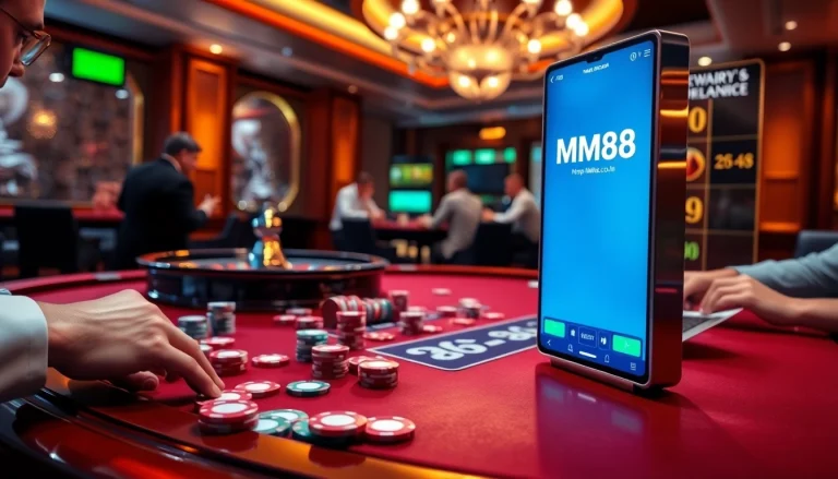 A thrilling poker game at https://mm88.co.in/ with intense players and colorful chips.