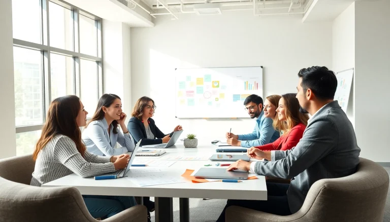 Engaged team participating in workforce development training session in a bright room.