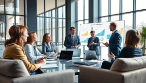 Showcasing business growth insights through a dynamic team brainstorming session in a modern conference room.