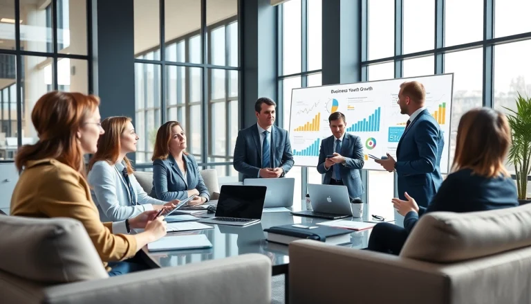 Showcasing business growth insights through a dynamic team brainstorming session in a modern conference room.
