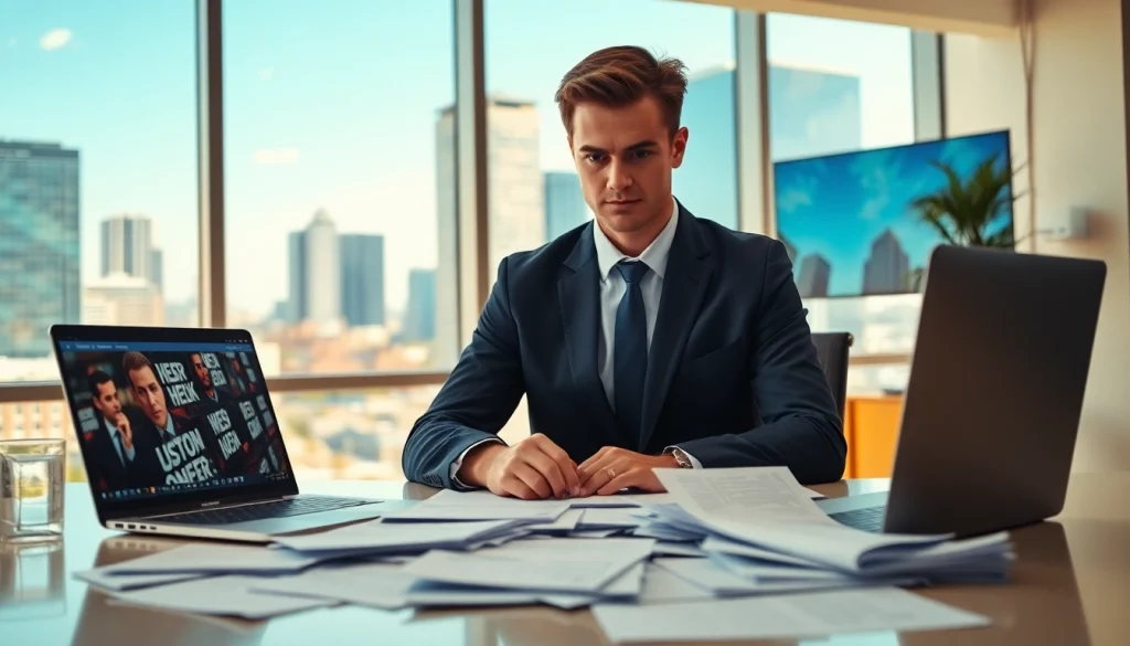 Tampa Free Press journalist working intently in a modern office setting.
