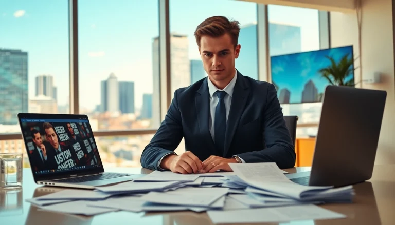 Tampa Free Press journalist working intently in a modern office setting.
