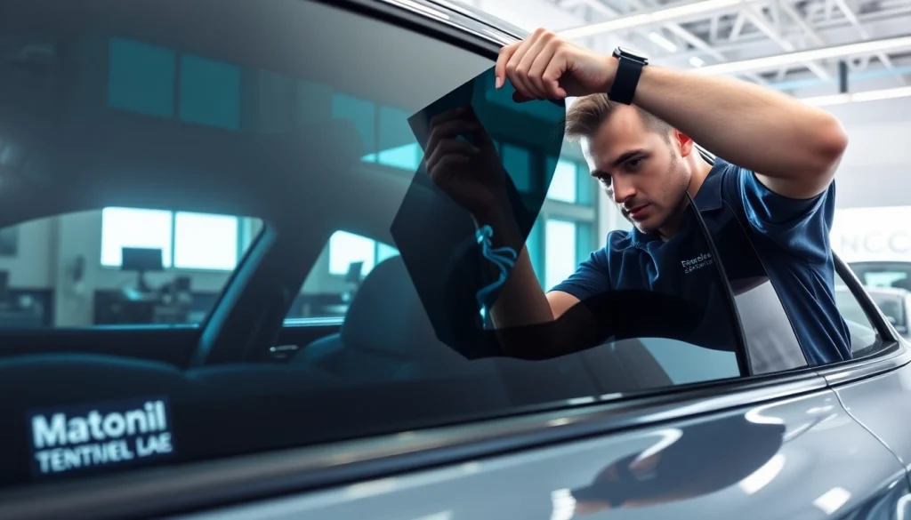 Apply window tint near me with a professional technician in a modern garage.