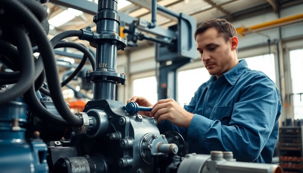 Technician providing mobile hydraulic services while repairing a hydraulic pump in an industrial workshop.