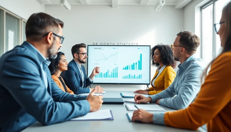 Engaged team discussing business growth insights in a modern office setting.