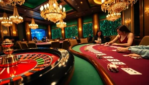 Experience excitement at a GO8 casino table featuring roulette, blackjack, and vibrant chips.