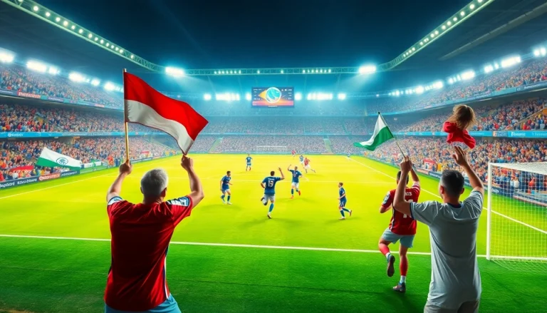 مشهد مباراة كرة قدم مثير يبرز koora Live مع جماهير ولاعبين حيويين