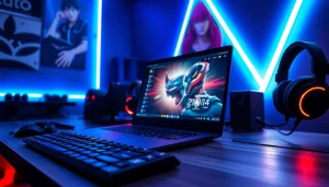 Menggambarkan pengalaman warna-warni dalam bermain gudangcuan dengan laptop gaming modern.