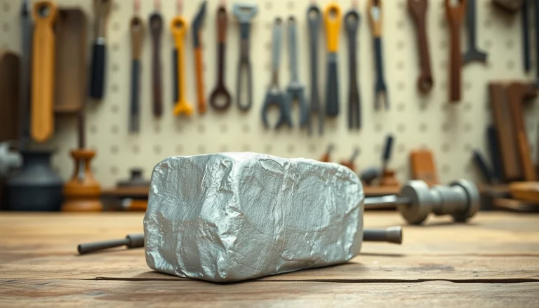 Zinn Preis analysieren in einem Handwerkerarbeitsplatz, umgeben von Werkzeugen.