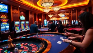 Players enjoying a thrilling game of roulette at NK88, showcasing excitement and luxury in a casino setting.