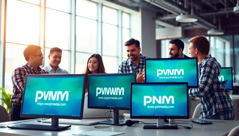 Collaborative media design team showcasing https://www.pnmmedia.com in a vibrant office setting.