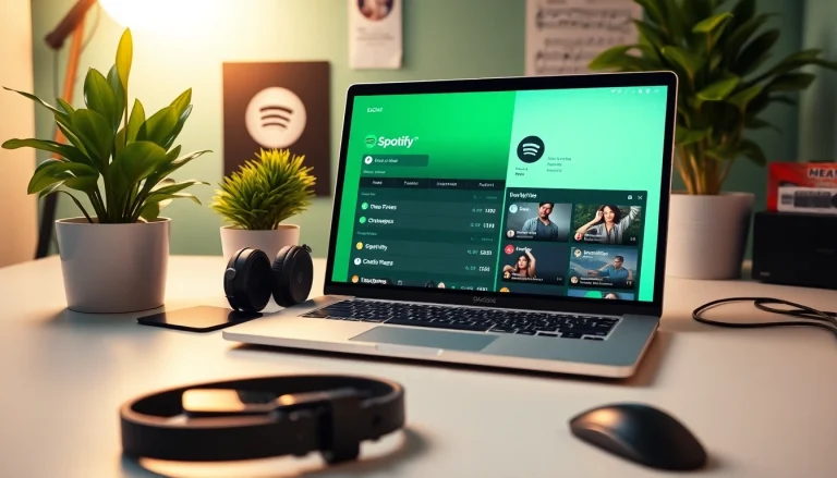 Discover an engaging workspace showcasing the Spotify Mod APK interface on a modern laptop, perfect for music lovers.