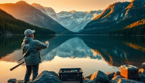 Fly fishing line gracefully arcing from a fisherman's rod over a tranquil mountain lake.