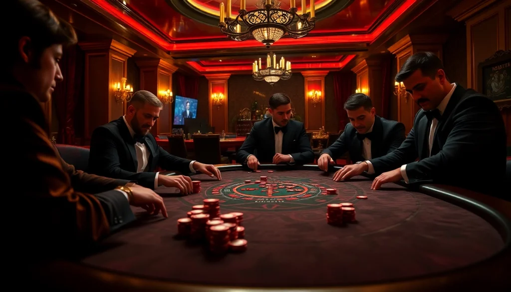 A high-stakes poker game at a luxurious casino table, showcasing intensity and the hidden wiki.