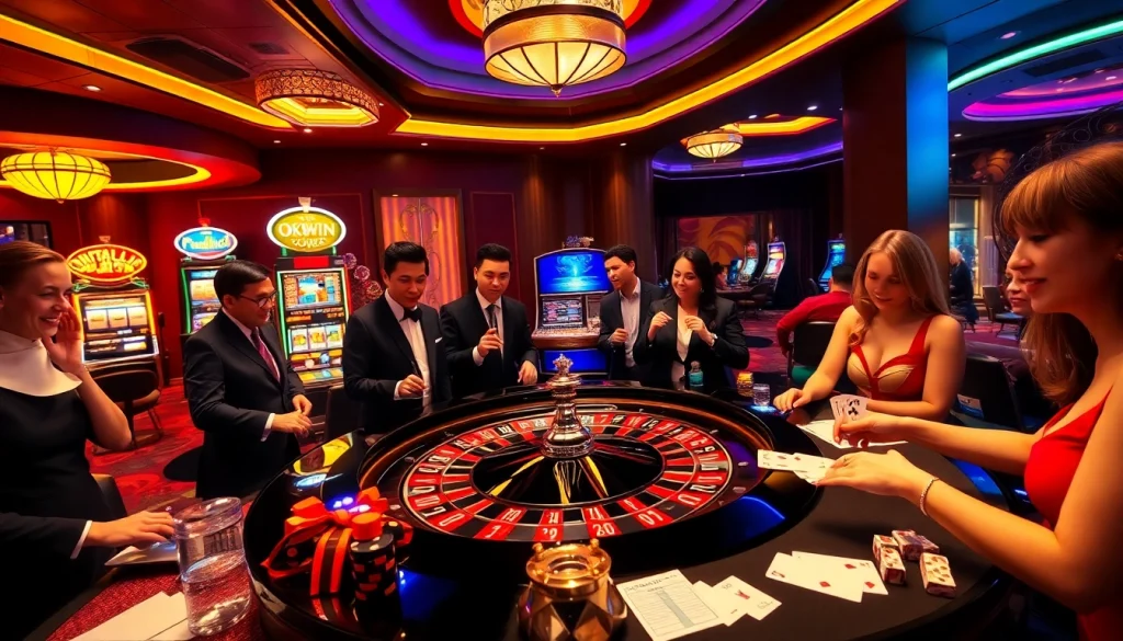 Engage with thrilling OKWIN casino games at an elegant roulette table surrounded by eager players.