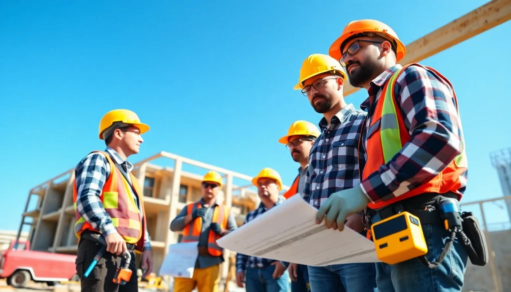 Workers engaging in diverse Careers in construction at a bustling building site.