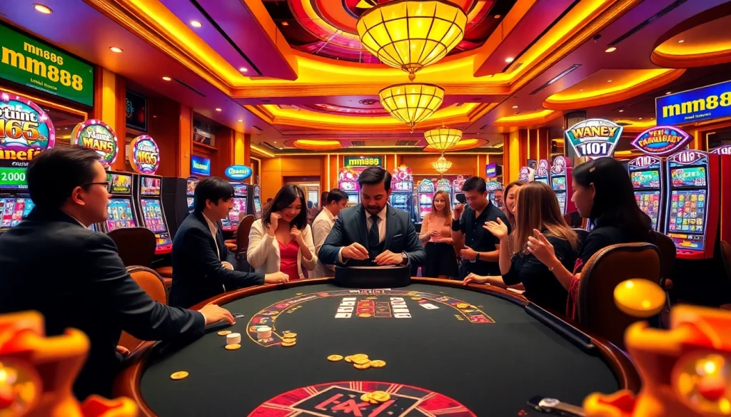 Enjoy thrilling gaming action at mm88 casino with vibrant slot machines and excited players.