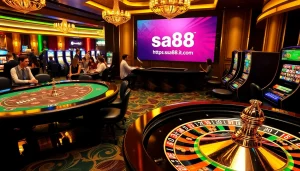 Engaging players experience thrill at https://sa88.it.com/ casino with poker tables, roulette wheel, and slot machines.