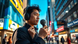 Covering breaking news with a journalist in a bustling city setting related to Usa Today.