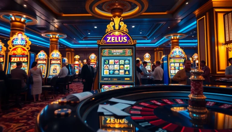 Rasakan sensasi kemenangan di mesin Slot Zeus dalam suasana kasino yang ramai.