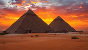 Pyraminds illuminated by sunset, showcasing their majestic structures against a colorful sky.