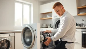 Technician performing appliance repair ottawa, showcasing tools and disassembled units in a bright kitchen.