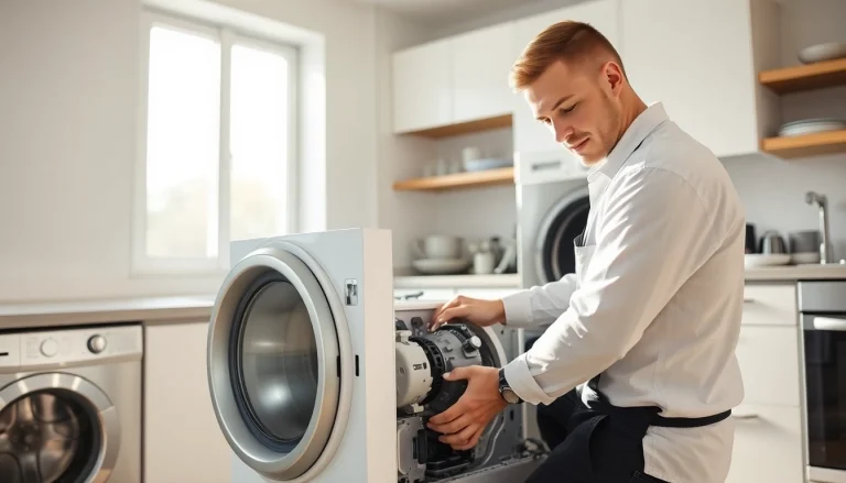 Technician performing appliance repair ottawa, showcasing tools and disassembled units in a bright kitchen.