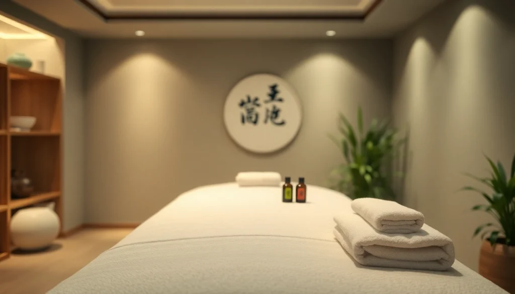 차분한 마사지 환경에서 마사지 테이블, 부드러운 조명, 차분한 요소가 있는 출장마사지.