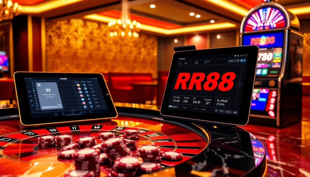 Experience high-stakes action at RR88 with vibrant casino elements and luxurious ambiance.