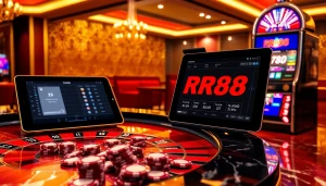 Experience high-stakes action at RR88 with vibrant casino elements and luxurious ambiance.