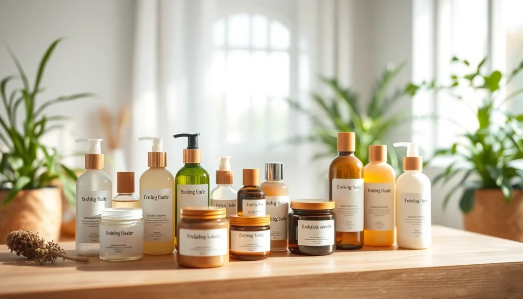 Ekologiska kosmetika produktai gražiai išdėstyti natūraliame spa aplinkoje.