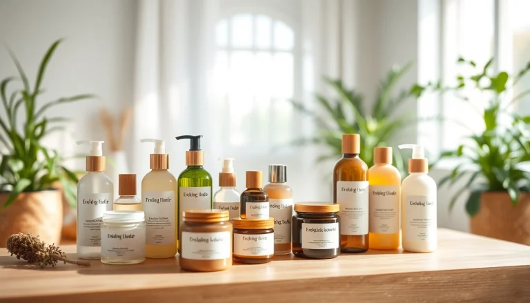 Ekologiska kosmetika produktai gražiai išdėstyti natūraliame spa aplinkoje.