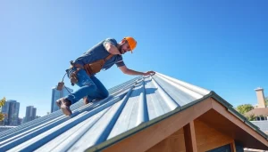 Metal roofing Vancouver installation with a skilled contractor in a vibrant urban setting.