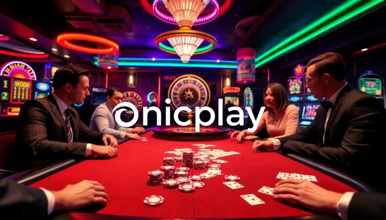 Players engaged in high-stakes poker at an elegant casino showcasing onicplay vibes.
