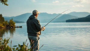 Capturing the perfect cast with a Fly fishing combo in a tranquil lakeside setting.