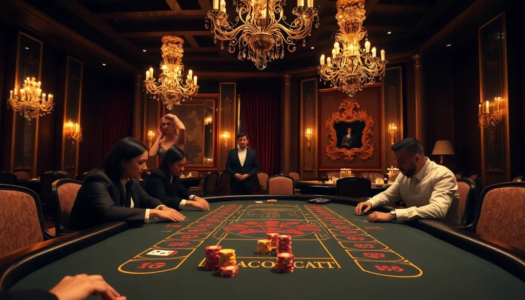 เล่นบาคาร่าในคาสิโนหรูที่มีผู้เล่นสนุกสนานและโต๊ะที่สวยงาม