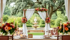 Beautiful wedding setup at a Wedding Venue Jacksonville FL with decorated arch and lush greenery.