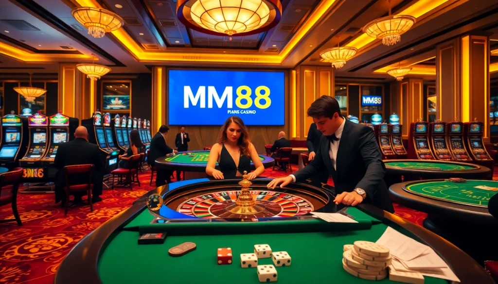 Experience excitement at MM88 with players gambling intensely at a vibrant casino table.
