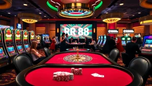 RR88 casino scene with poker tables and vibrant slot machines creates an exciting atmosphere.