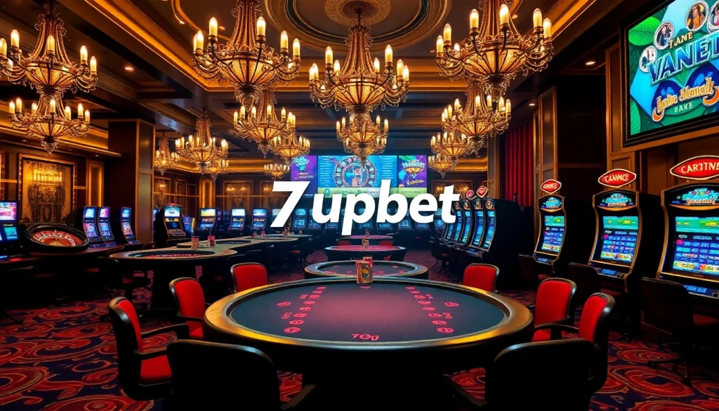 Experience the excitement of 7upbet with a luxurious casino atmosphere filled with vibrant gaming tables.