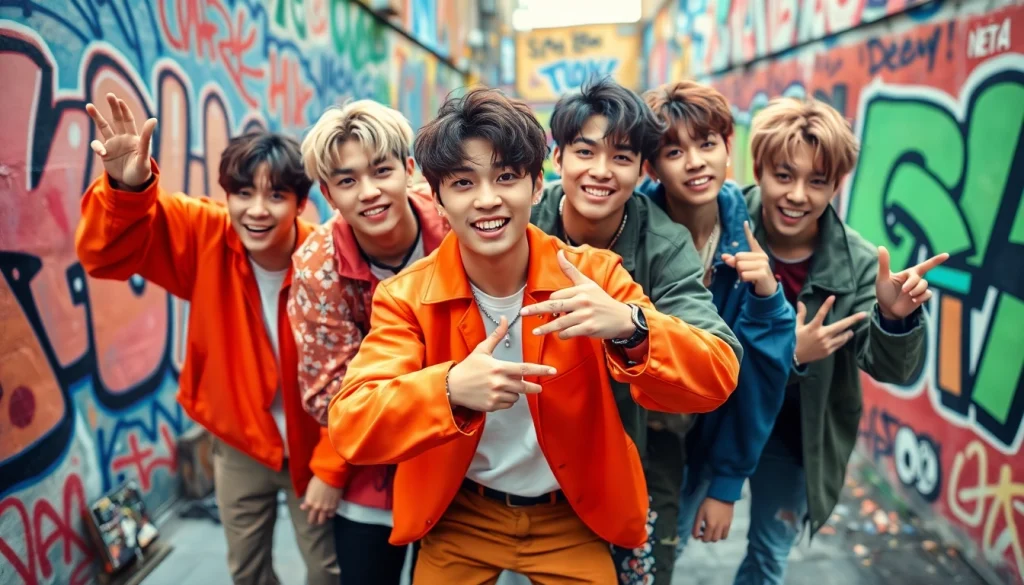 BTS members showcasing their personalities and style in a vibrant urban setting.