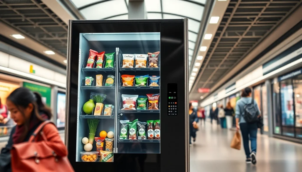 Small vending machine offering a variety of healthy snacks in a busy urban location.