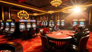 RR88 gaming area showcasing vibrant poker, slots, and roulette with excited players.
