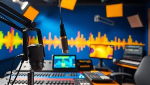 Engaging scene of WRNJ Radio studio with microphone, soundboard, and vibrant audio waveforms.