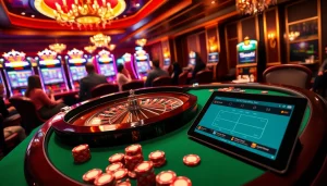 Players engaging in a thrilling roulette game at https://rr88.navy/, surrounded by modern casino elements.