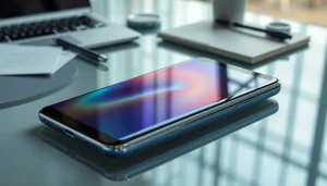 Samsung Galaxy S8 smartphone on a sleek table, showcasing advanced technology features.
