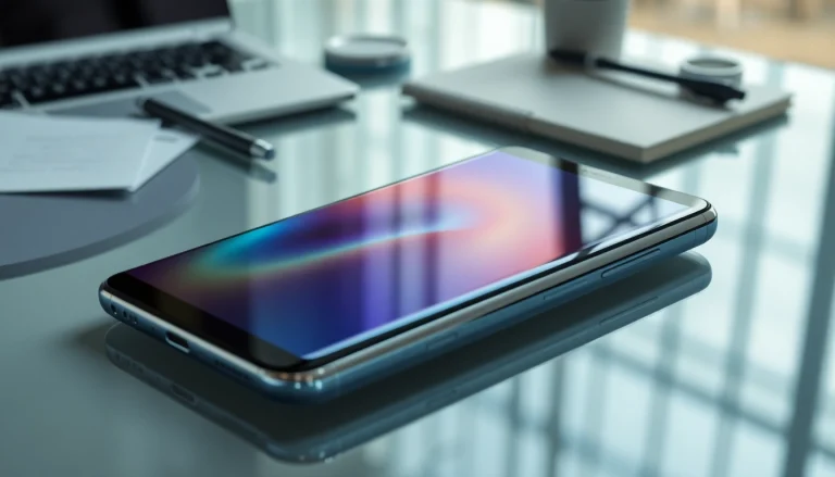 Samsung Galaxy S8 smartphone on a sleek table, showcasing advanced technology features.
