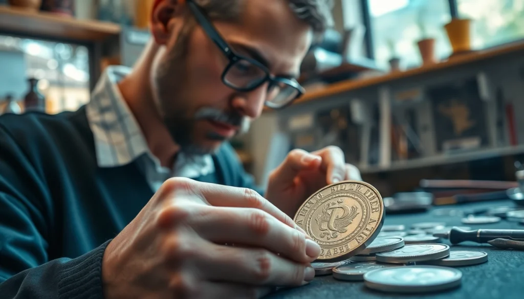 Scopri il processo di compro argento con un gioielliere esperto che esamina monete di argento.